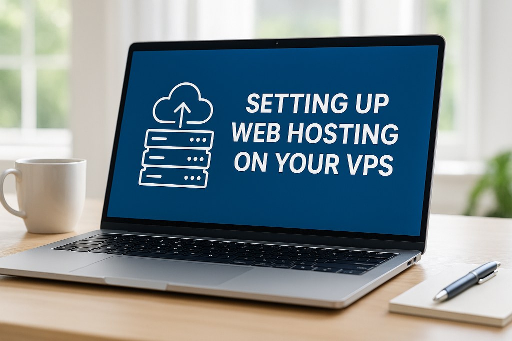 The text Setting Up Web Hosting on Your VPS on a laptop.
