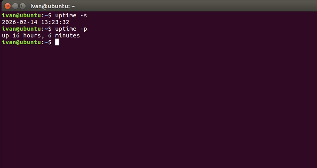 Uptime -s and uptime -p commands on a Linux Ubuntu terminal.