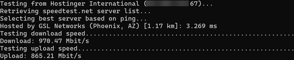 VPS speed test results with high download and upload speeds