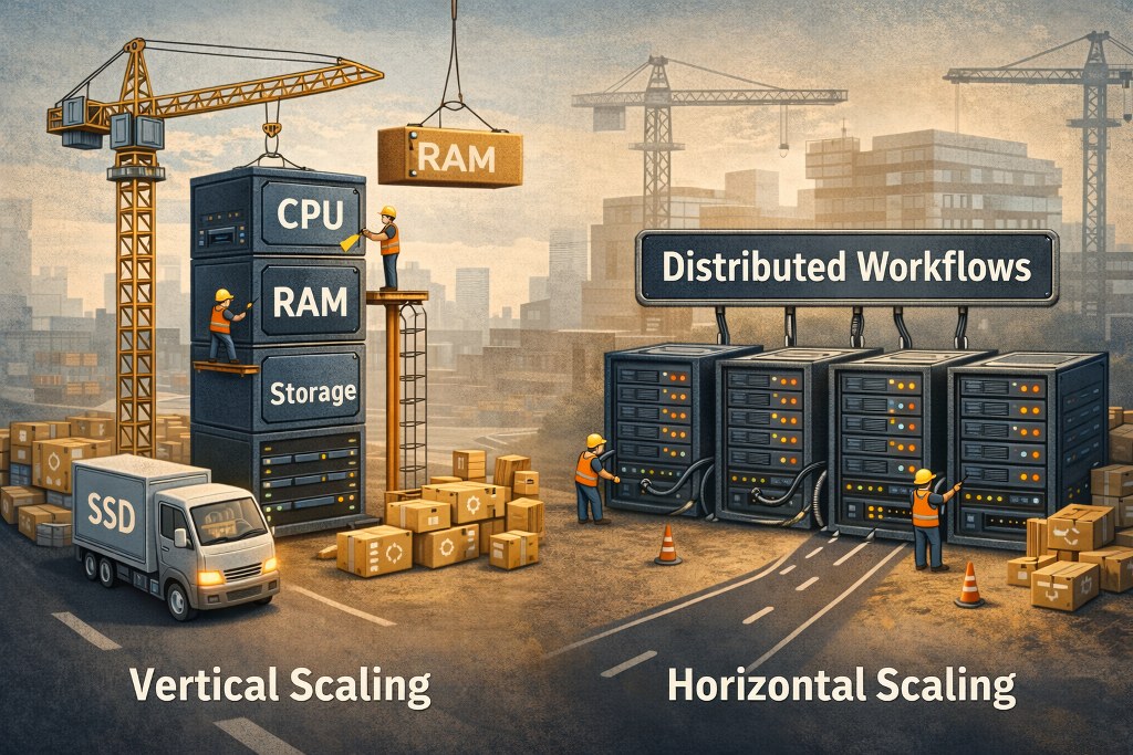 Vertical vs horizontal scaling with servers and distributed workflows