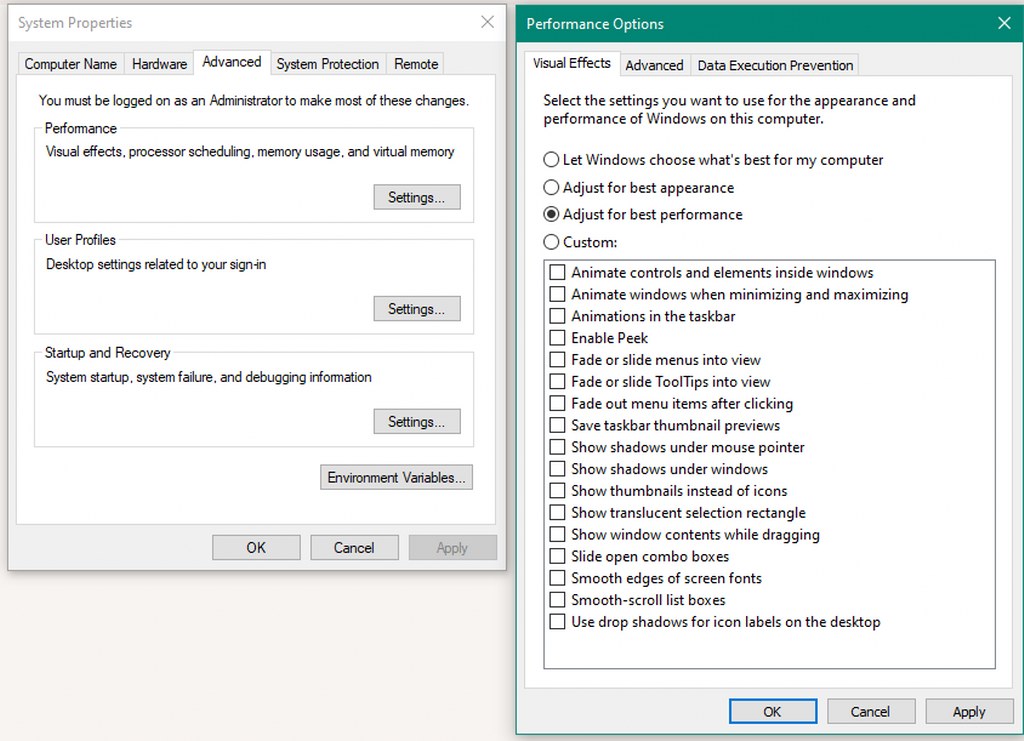 Windows visual effects are disabled to maximize performance and reduce resource usage on a VPS.