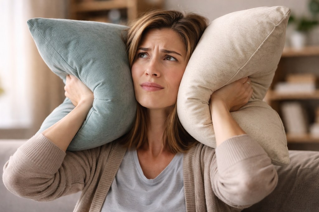 Woman covering two ears using pillows and looking up.