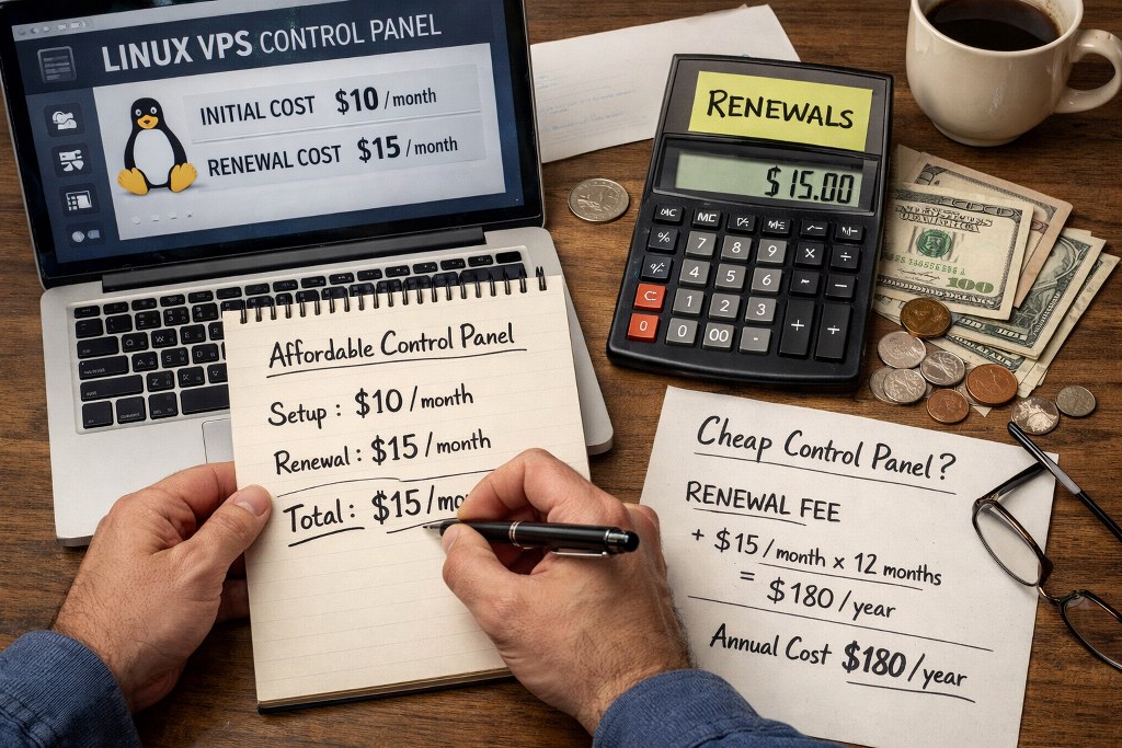 a Linux VPS control panel choice, where renewal costs are clearly calculated