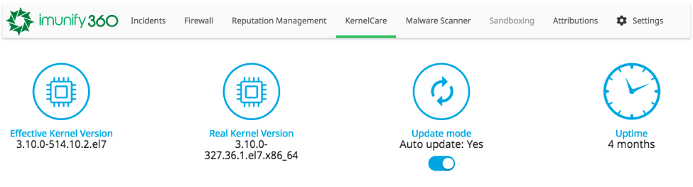 capture d’écran de l’onglet KernelCare d’Imunify360