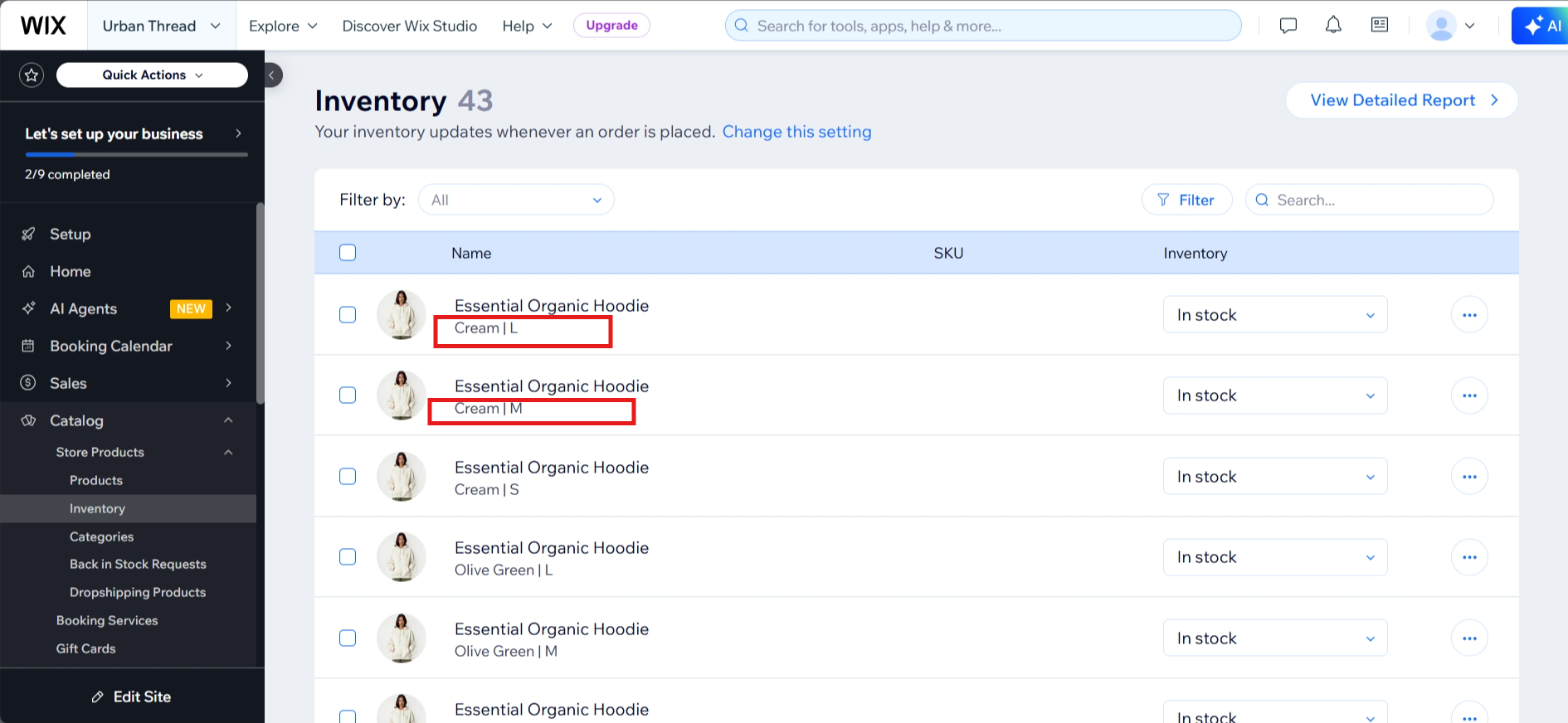 screenshot of Wix Inventory