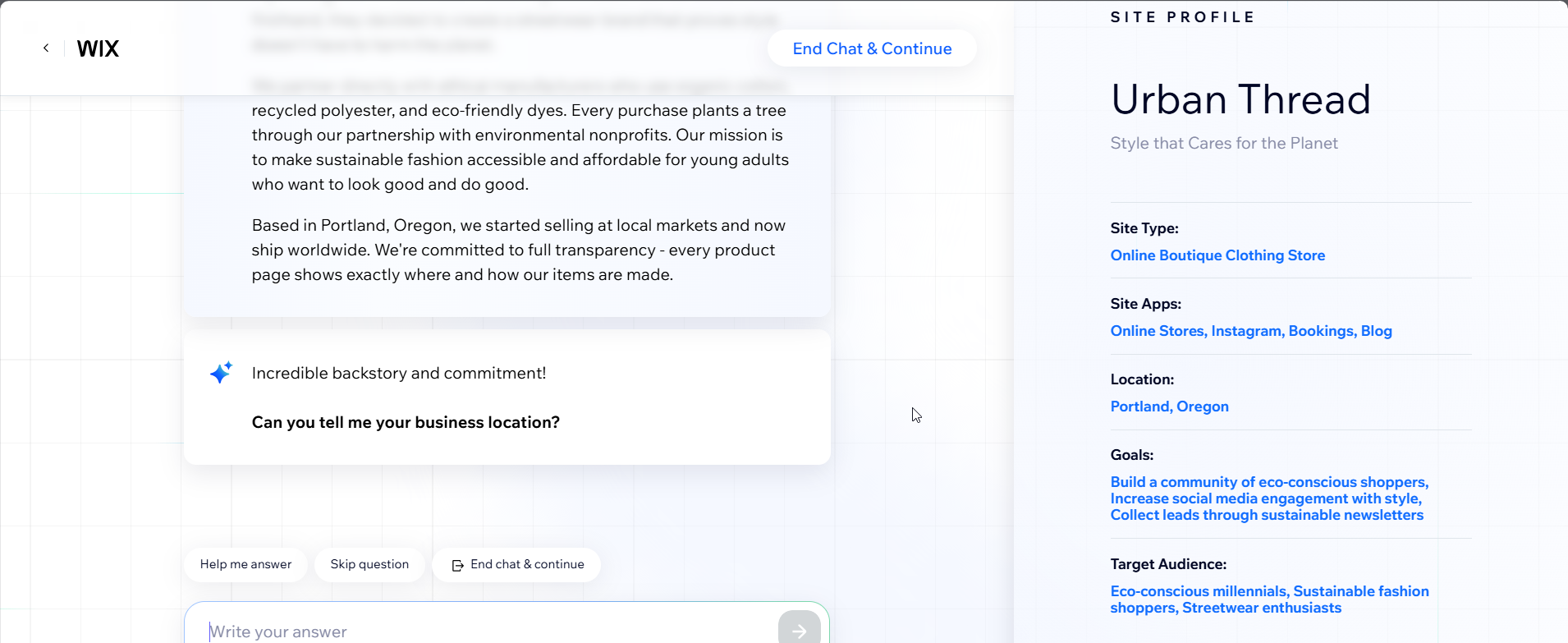 screenshot of Wix AI chat