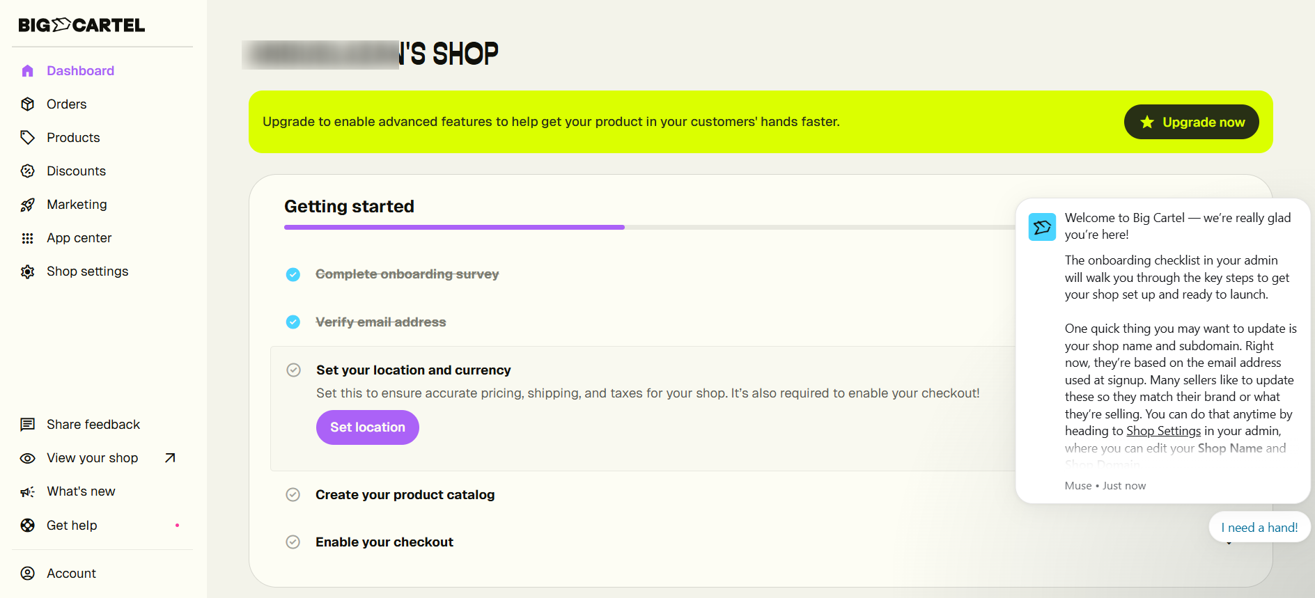 screenshot of Big Cartel dashboard