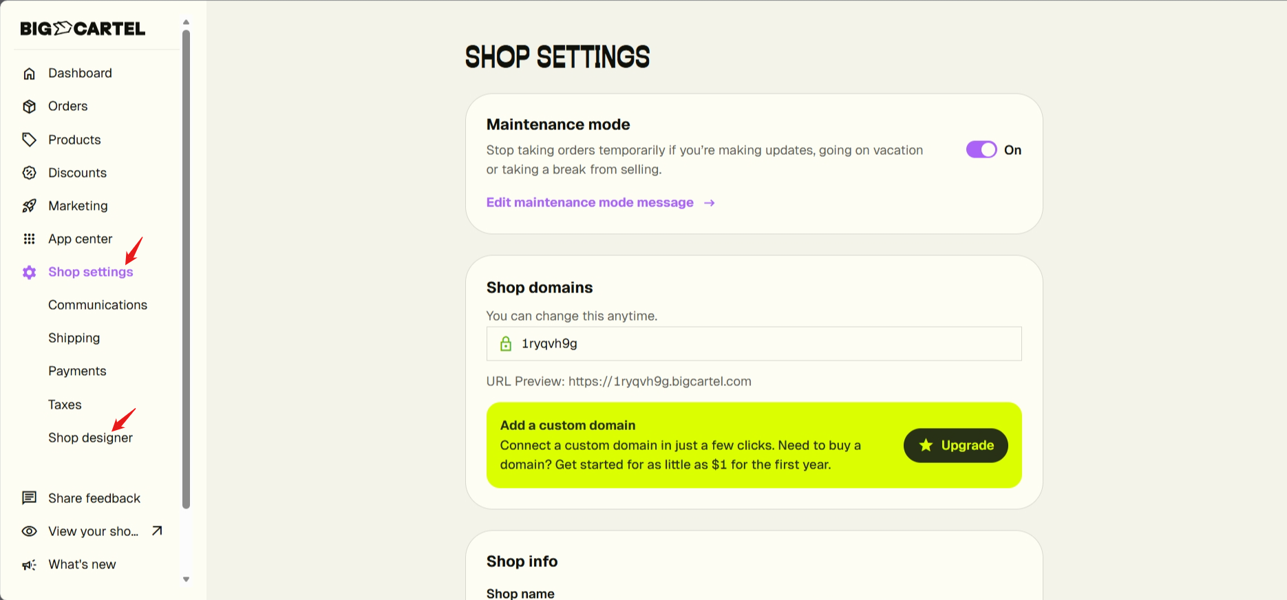 screenshot of Big Cartel dashboard Shop Settings tab