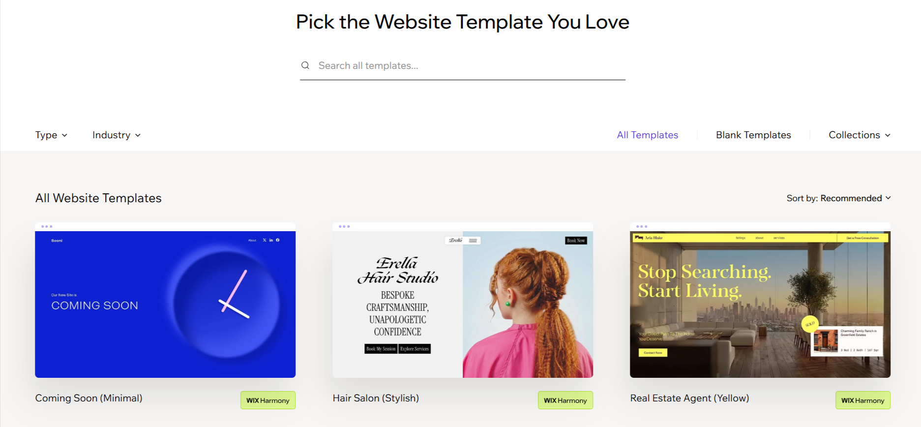 screenshot of Wix Website templates