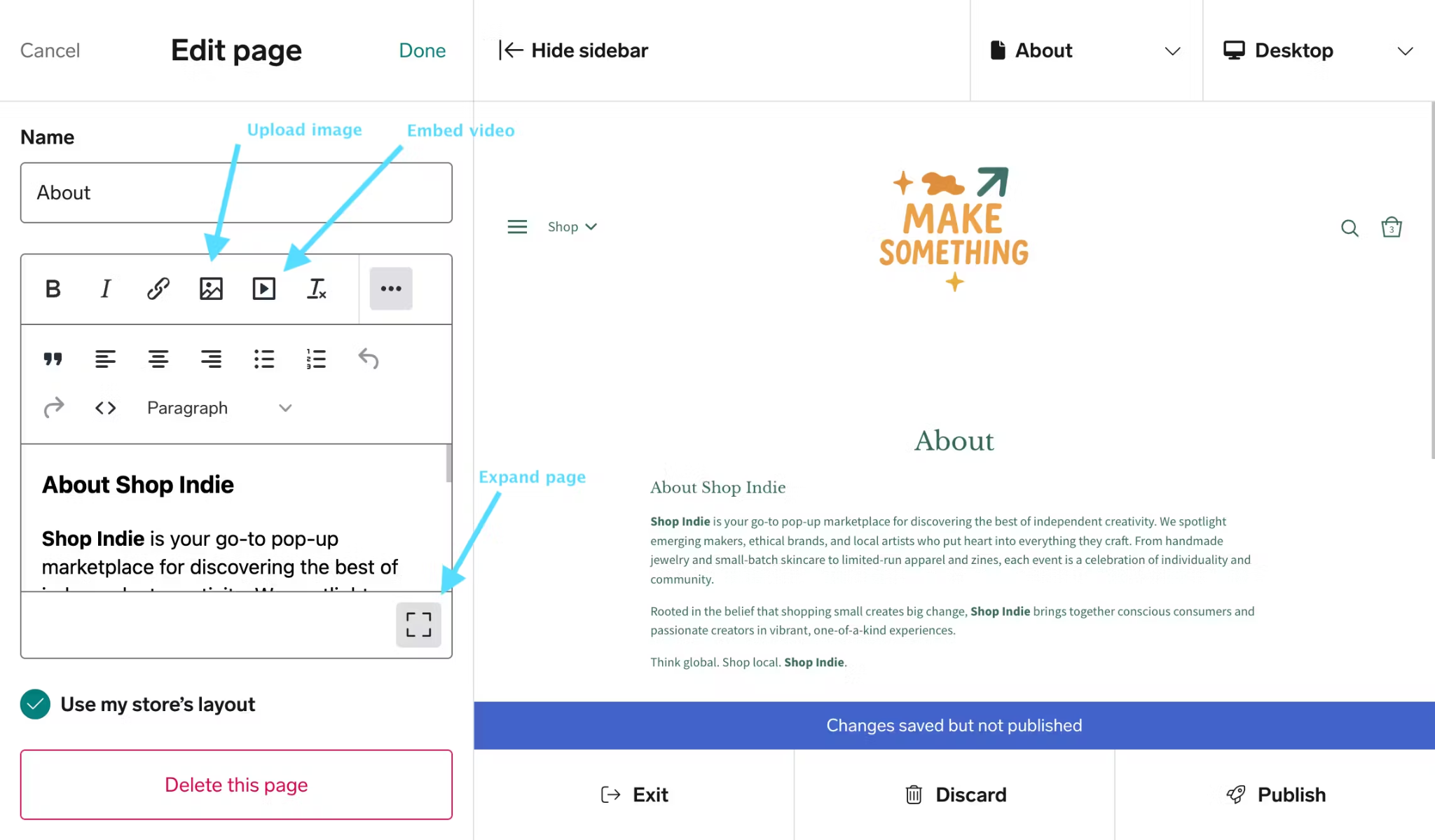 screenshot of Big Cartel website editor