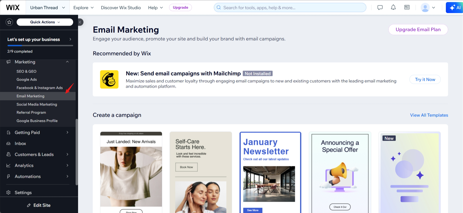screenshot of Wix Email Marketing settings