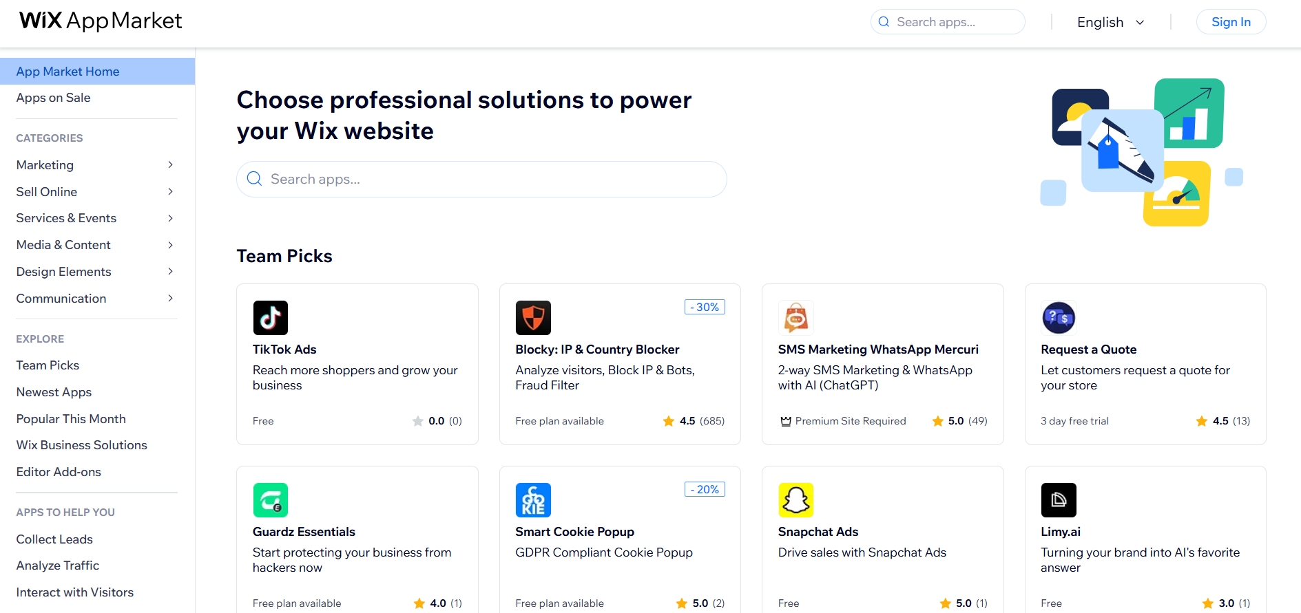 screenshot of Wix AppMarket