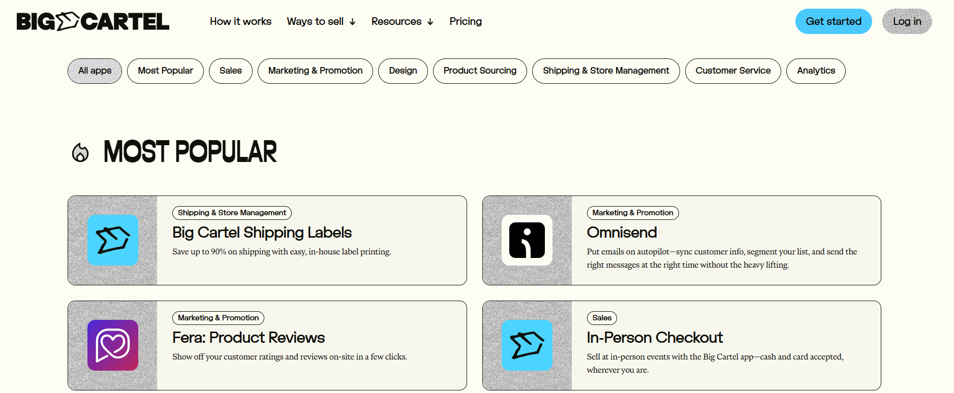screenshot of Big Cartel App centre