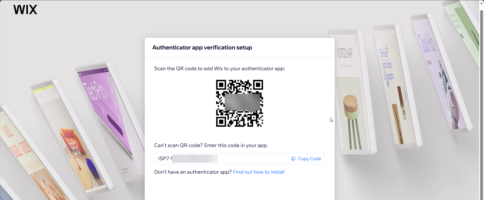 screenshot of Wix Authentication app verification setup