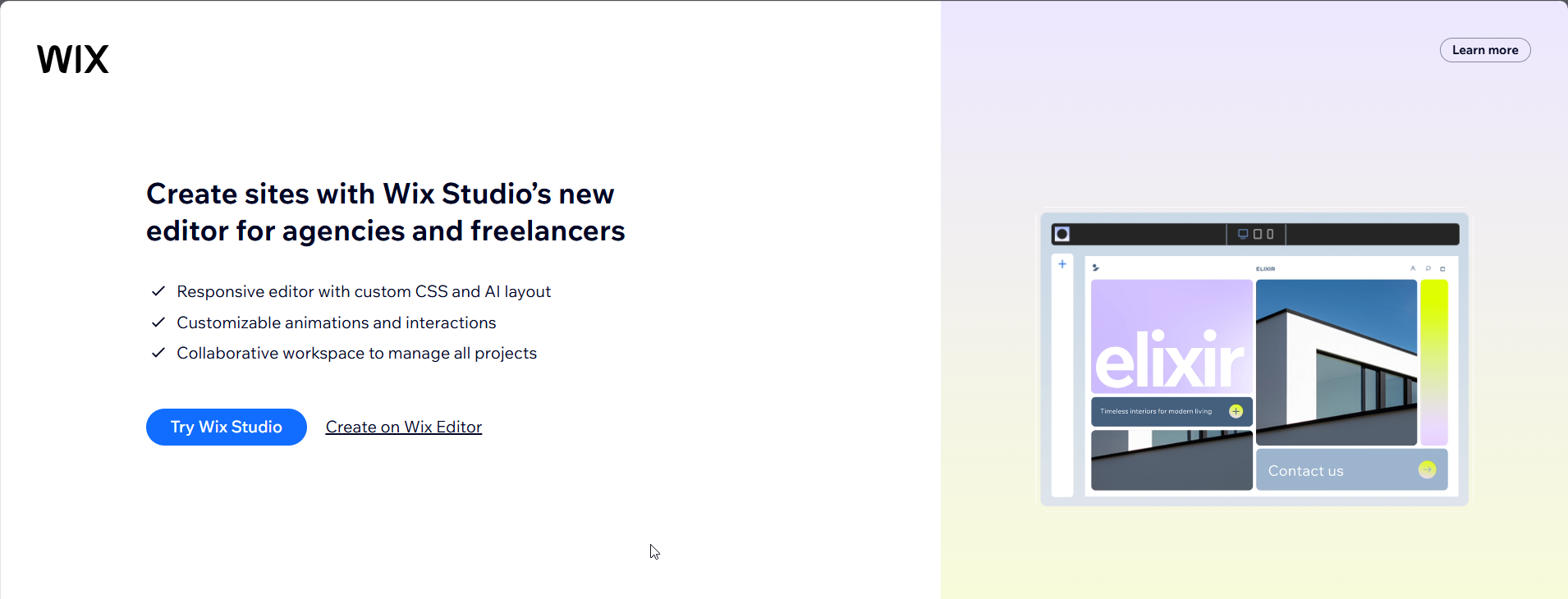 screenshot of Wix Studio website