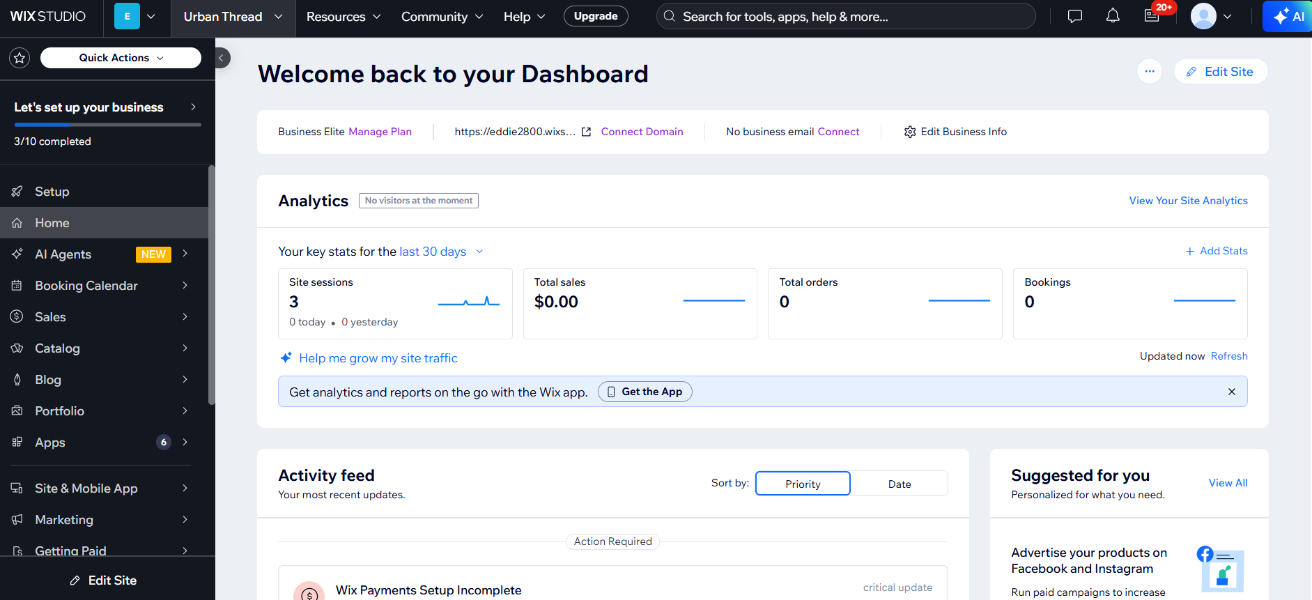 screenshot of Wix Dashboard