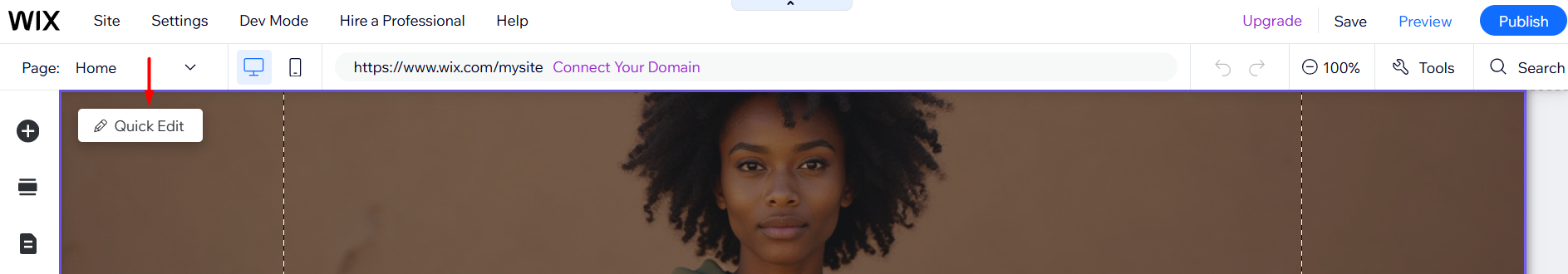 screenshot of Wix 'Quick Edit' button