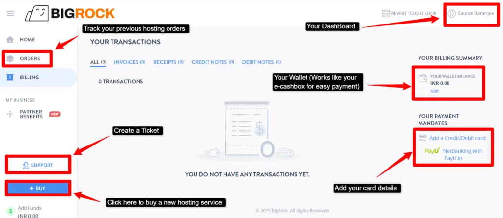 screenshot of Bigrock dashboard explained
