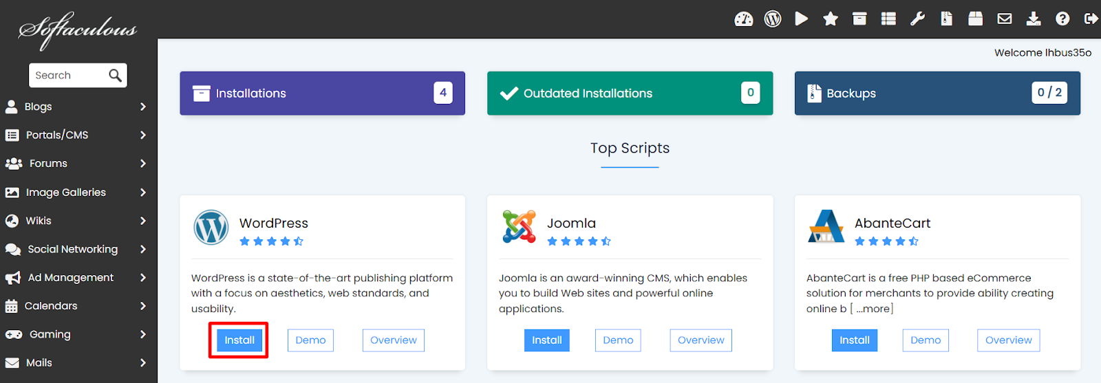 screenshot of Softaculous WordPress App Installer