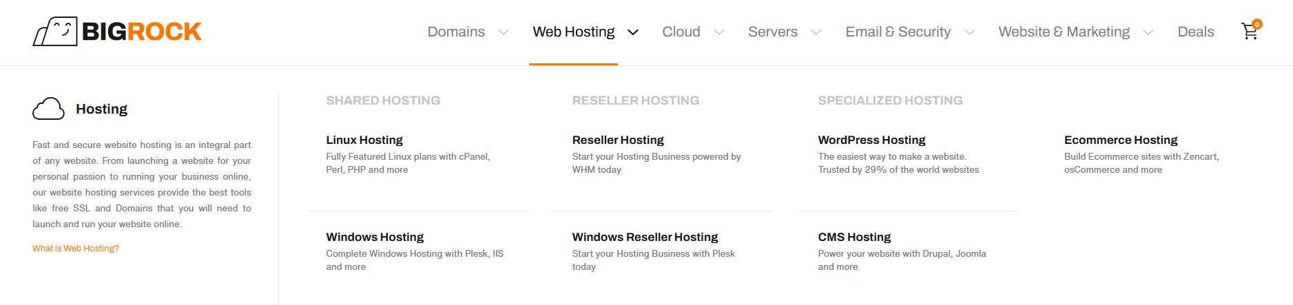 screenshot of BigRock Web Hosting menu