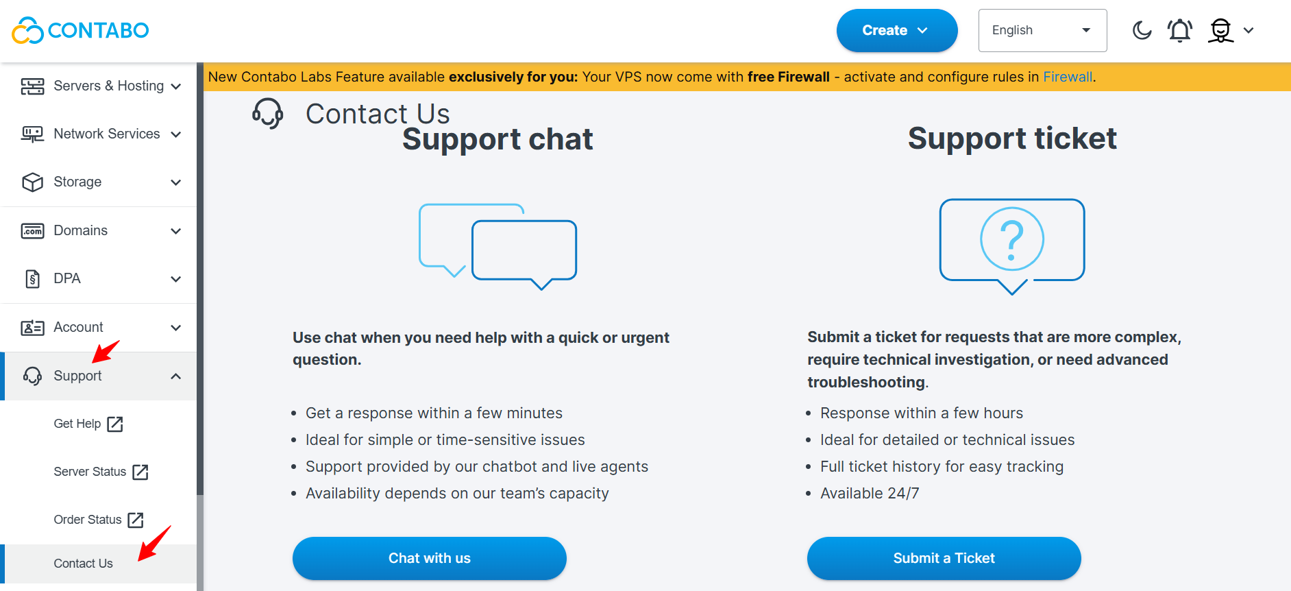 screenshot of Contabo dashboard Contact us page
