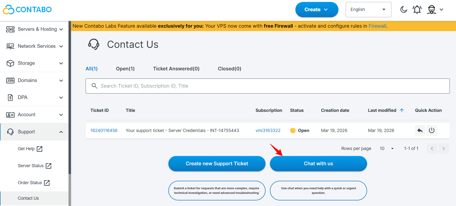 screenshot of Contabo dashboard 'Chat with us' button
