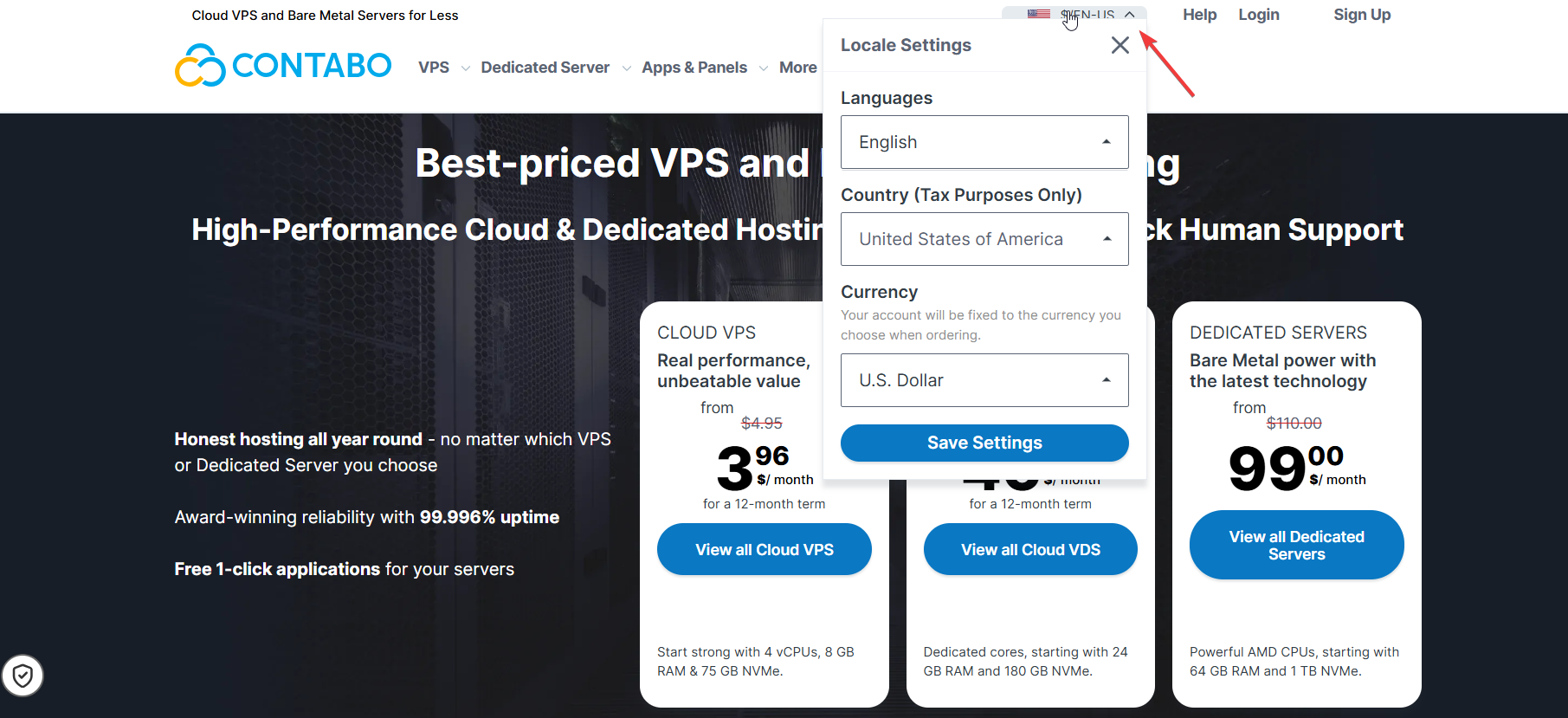 screenshot of Contabo website Locale Settings