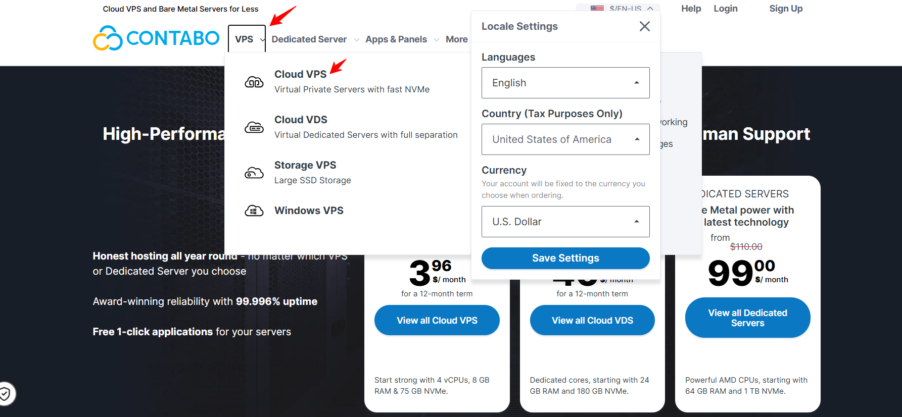 screenshot of Contabo website Cloud VPS button