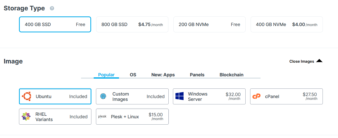 screenshot of Contabo hosting plan configurations