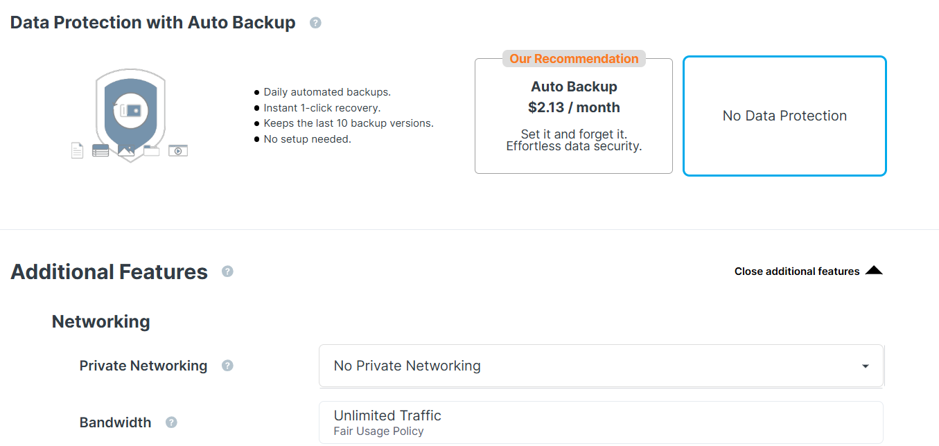 screenshot of Contabo hosting plan data protection configurations
