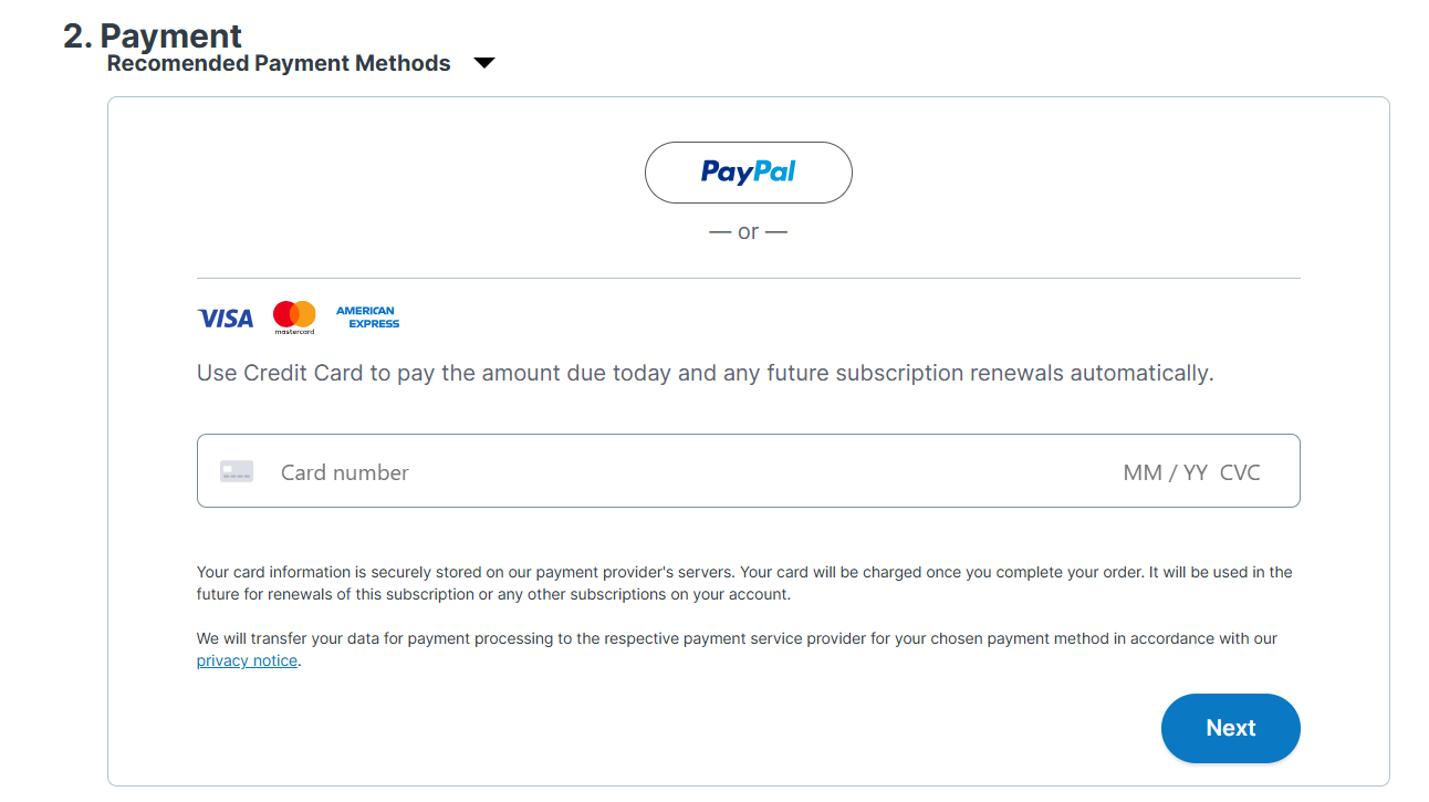 screenshot of Contabo Payment methods