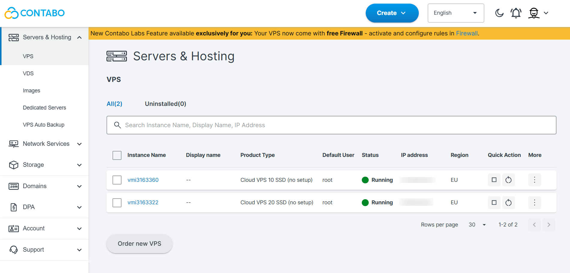 screenshot of Contabo dashboard