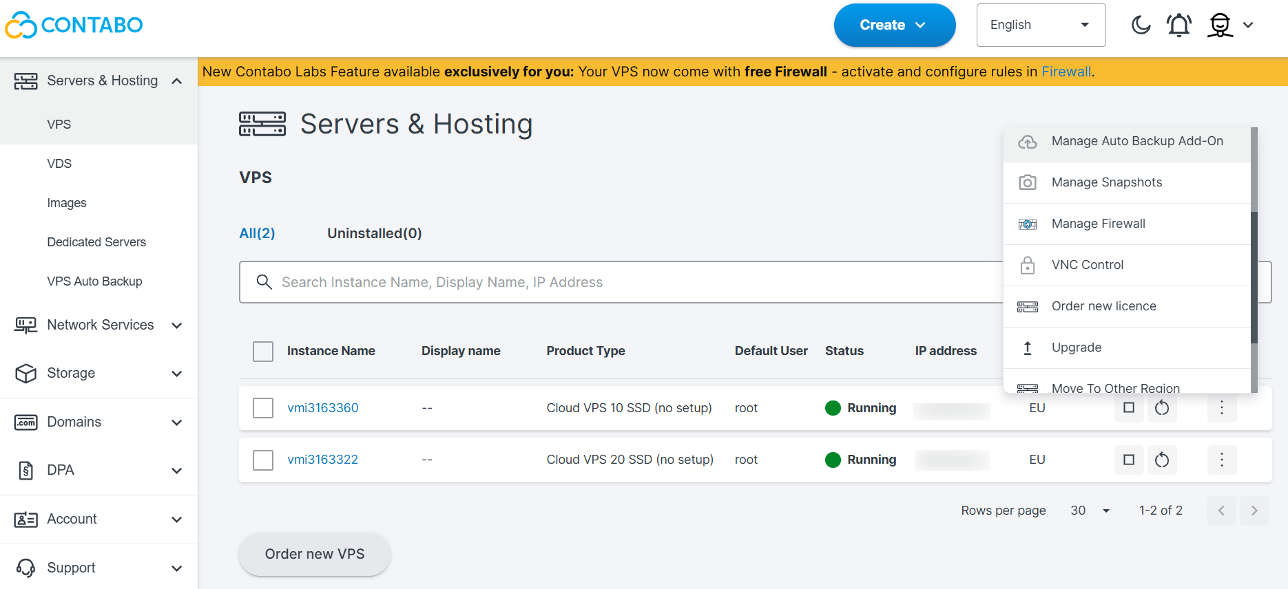 screenshot of Contabo dashboard Servers & Hosting settings