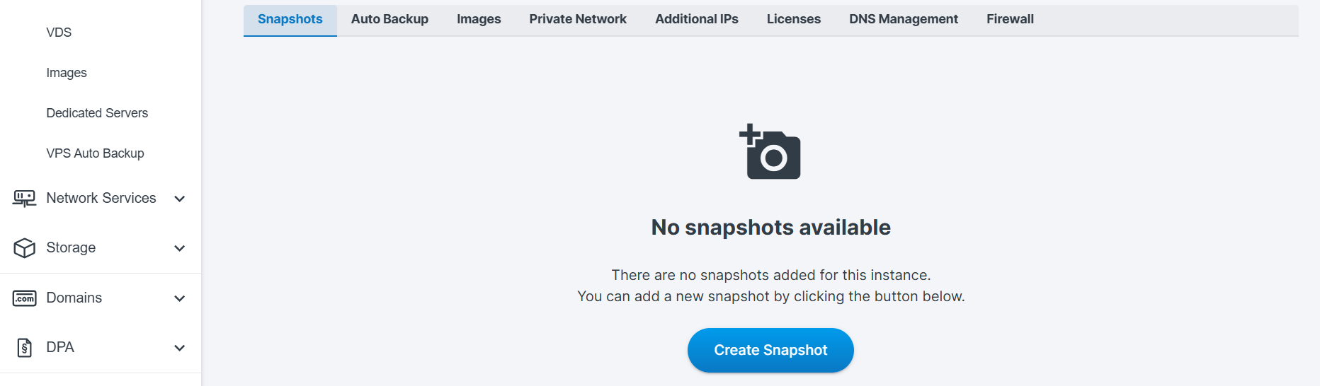 screenshot of Contabo dashboard Snapshots page