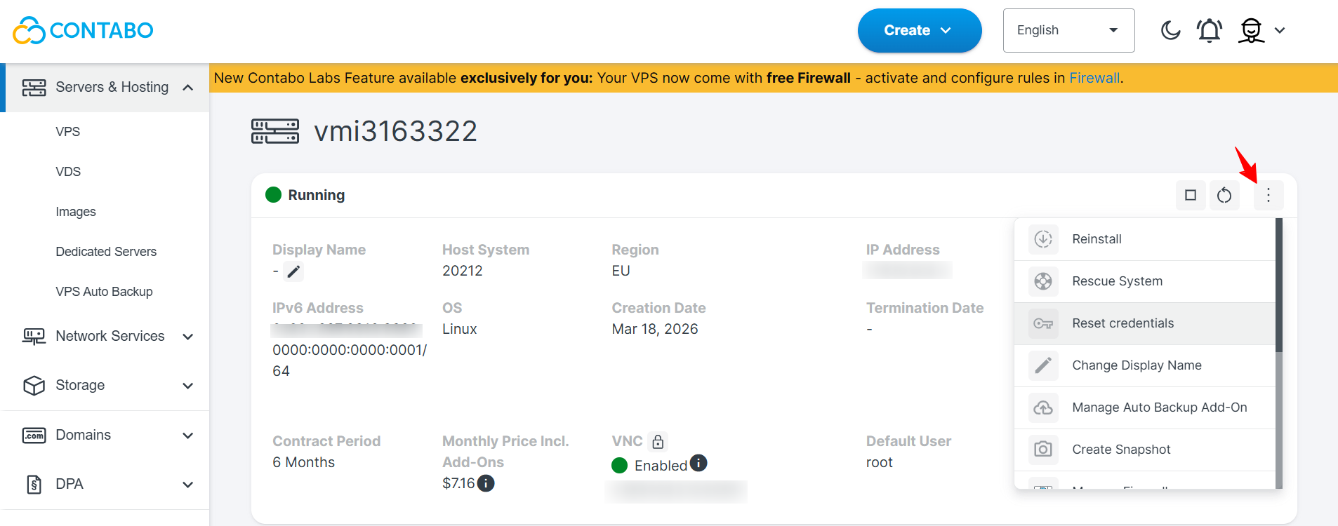 screenshot of Contabo dashboard Server settings
