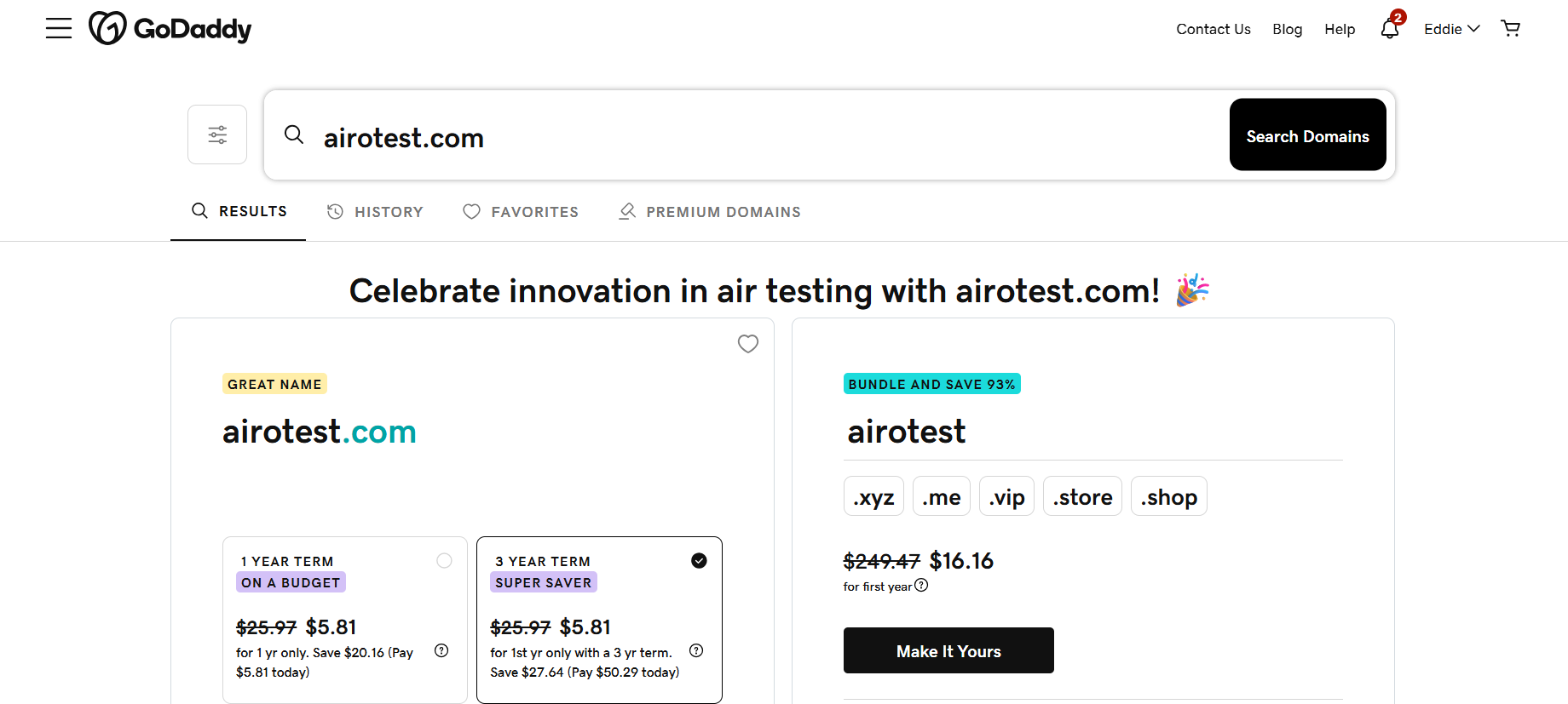 screenshot of GoDaddy domain menu