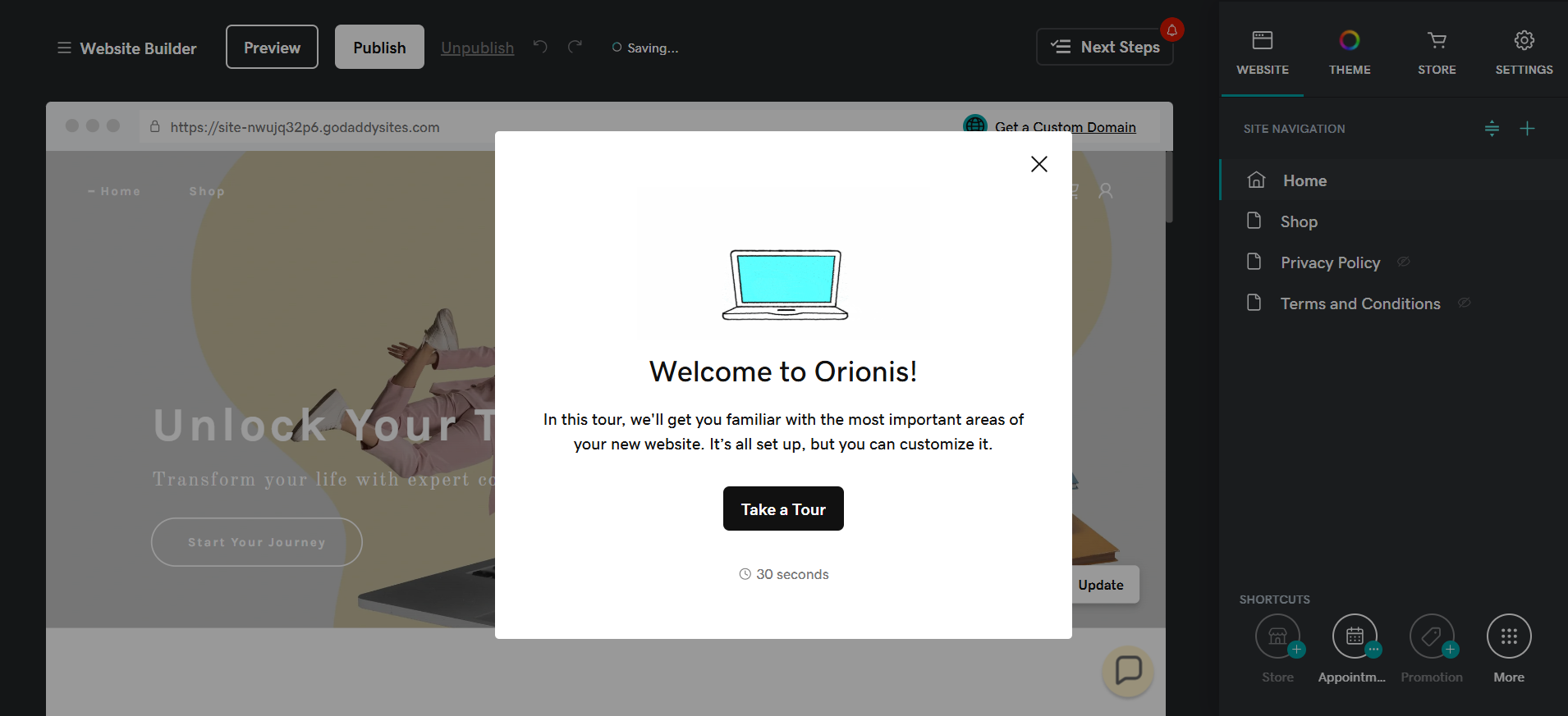 screenshot of 'Take a tour' pop-up window