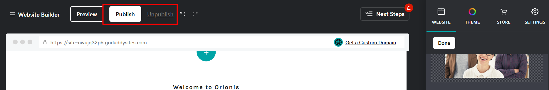 screenshot of Publish/Unpublish toggle