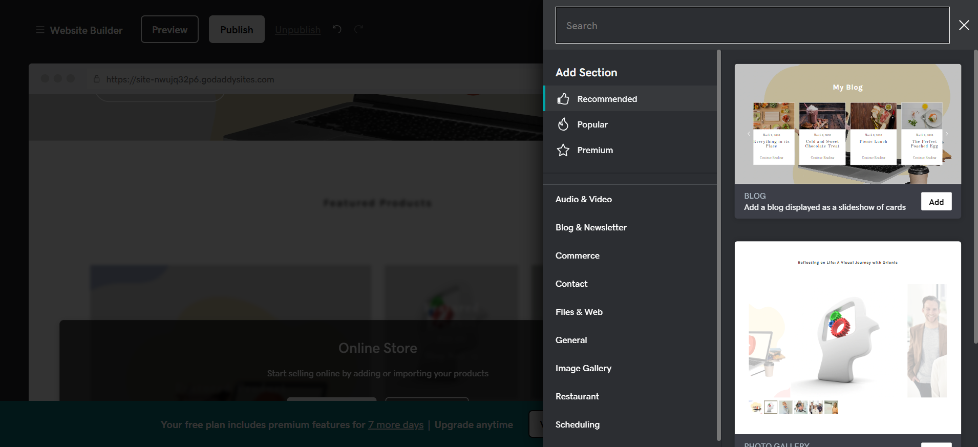screenshot of Recommended Sections to add