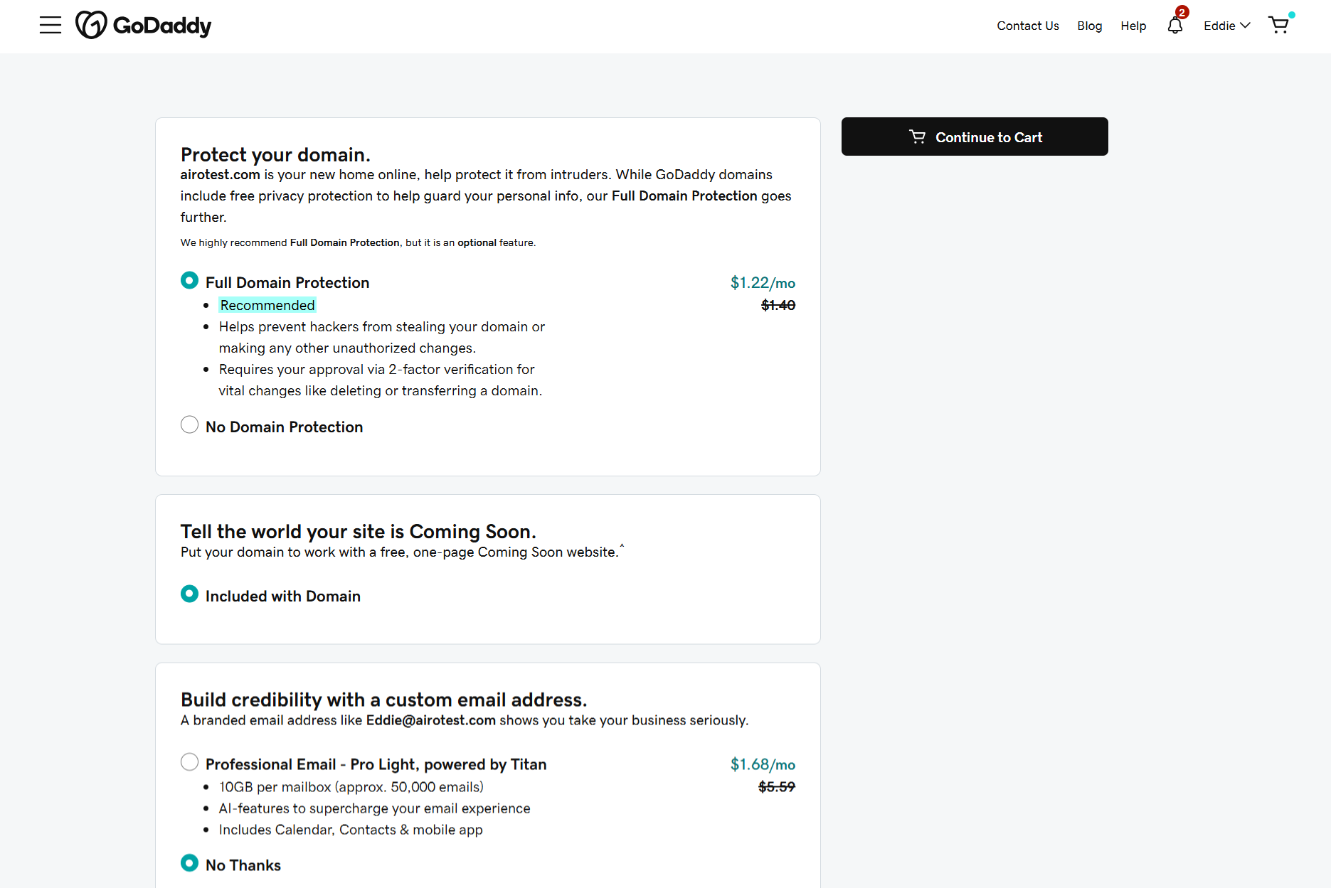 screenshot of GoDaddy domain protection options