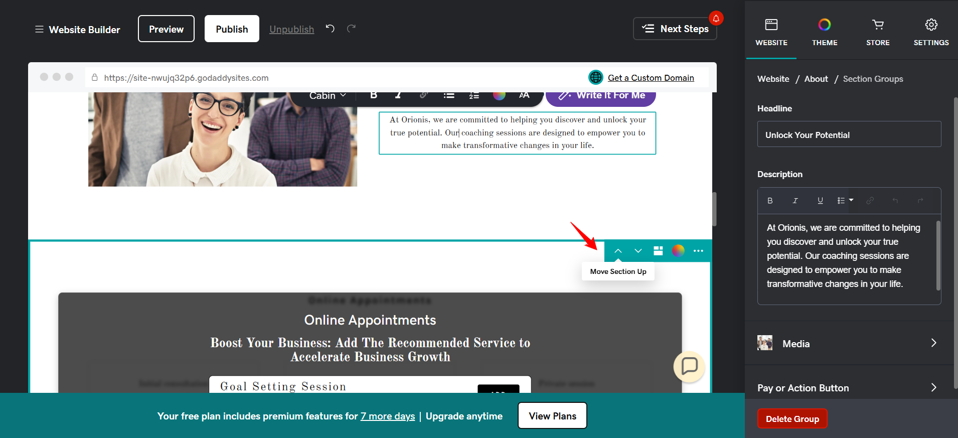 screenshot of tool to move Sections 