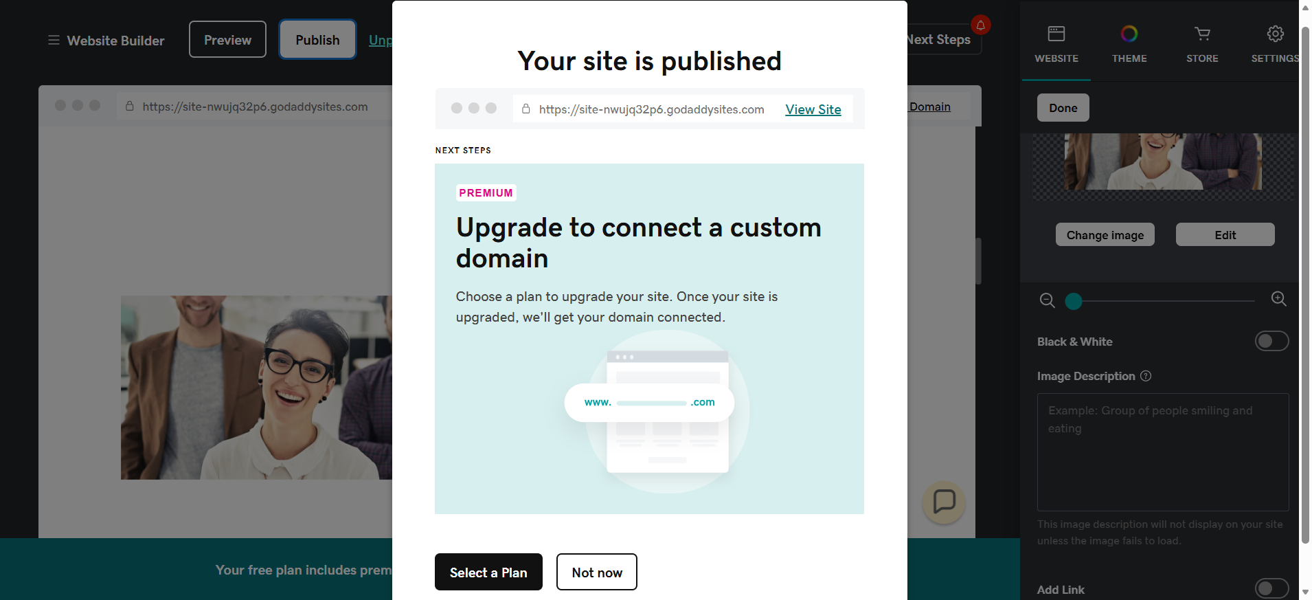 screenshot of 'Your site is Published' pop-up window