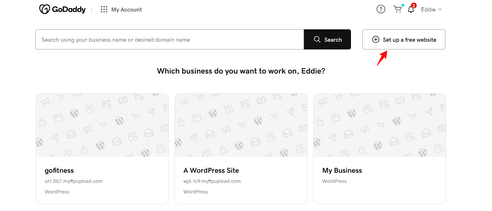screenshot of GoDaddy website 'Set up a free website' button