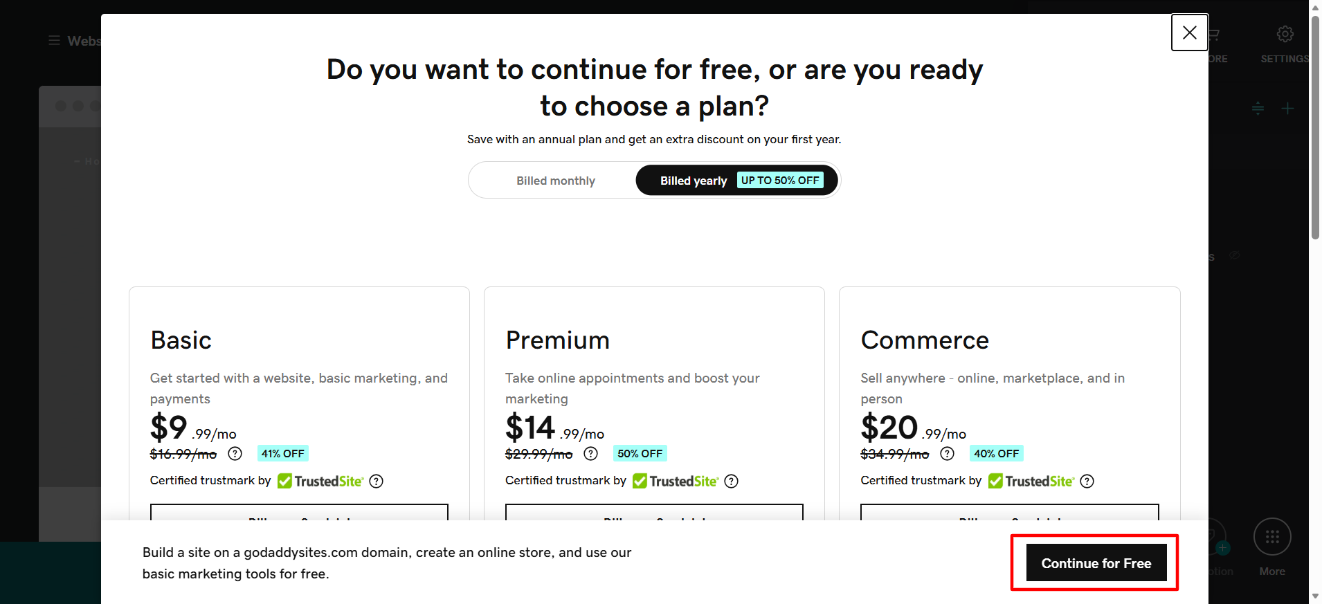 screenshot of 'Continue for Free' button
