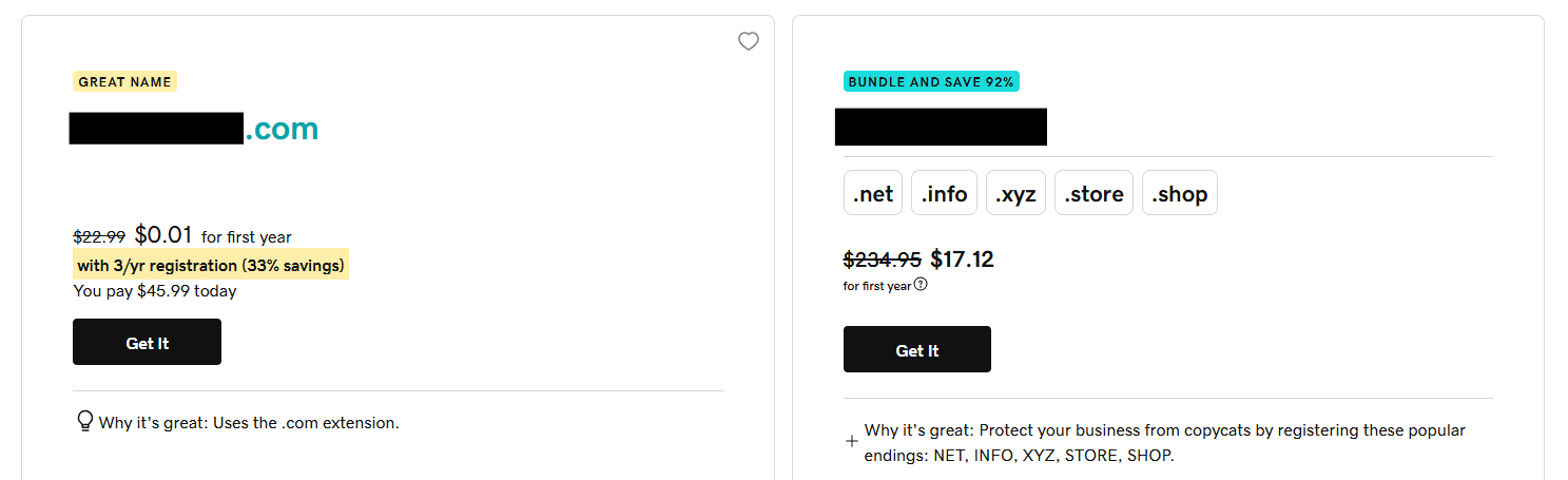 Opcije registracije domena GoDaddy i ponude paketa