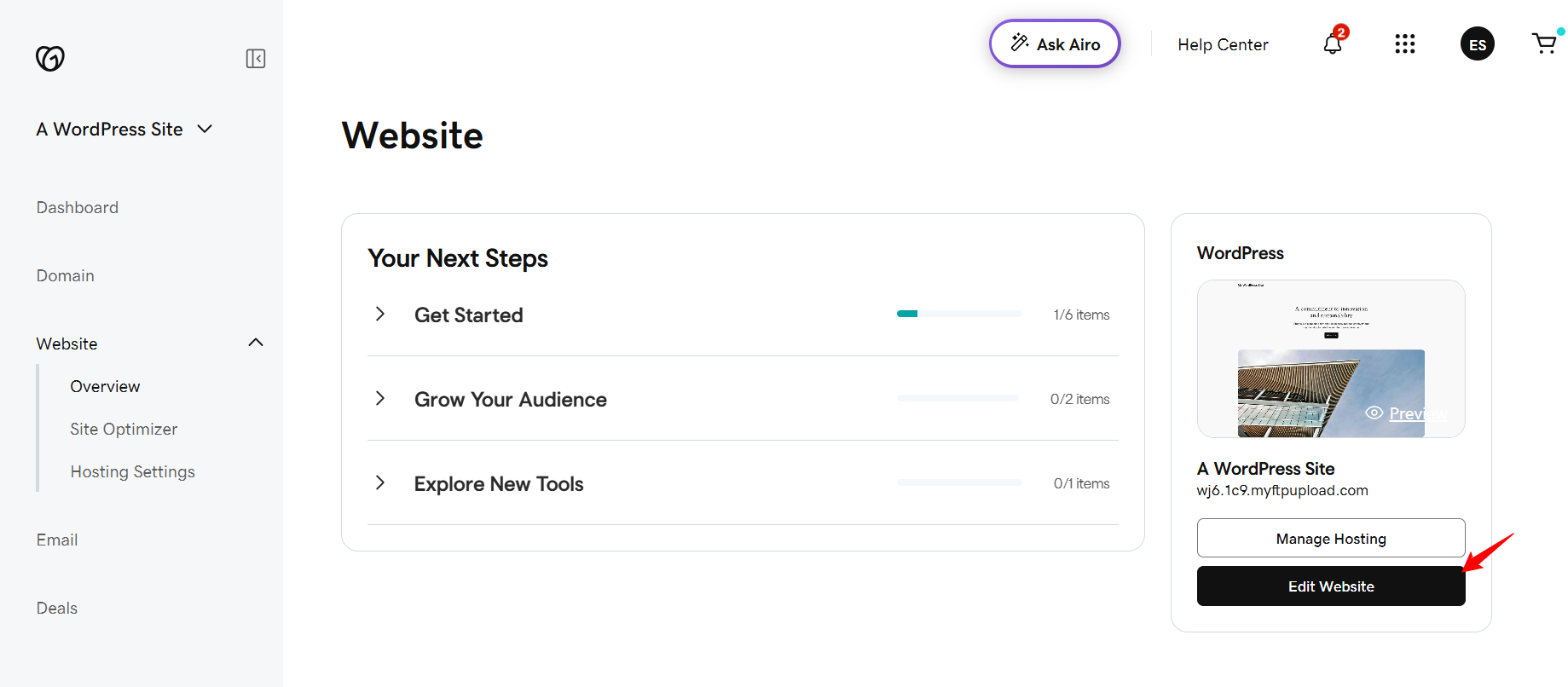 screenshot of GoDaddy Dashboard 'Edit Website' button