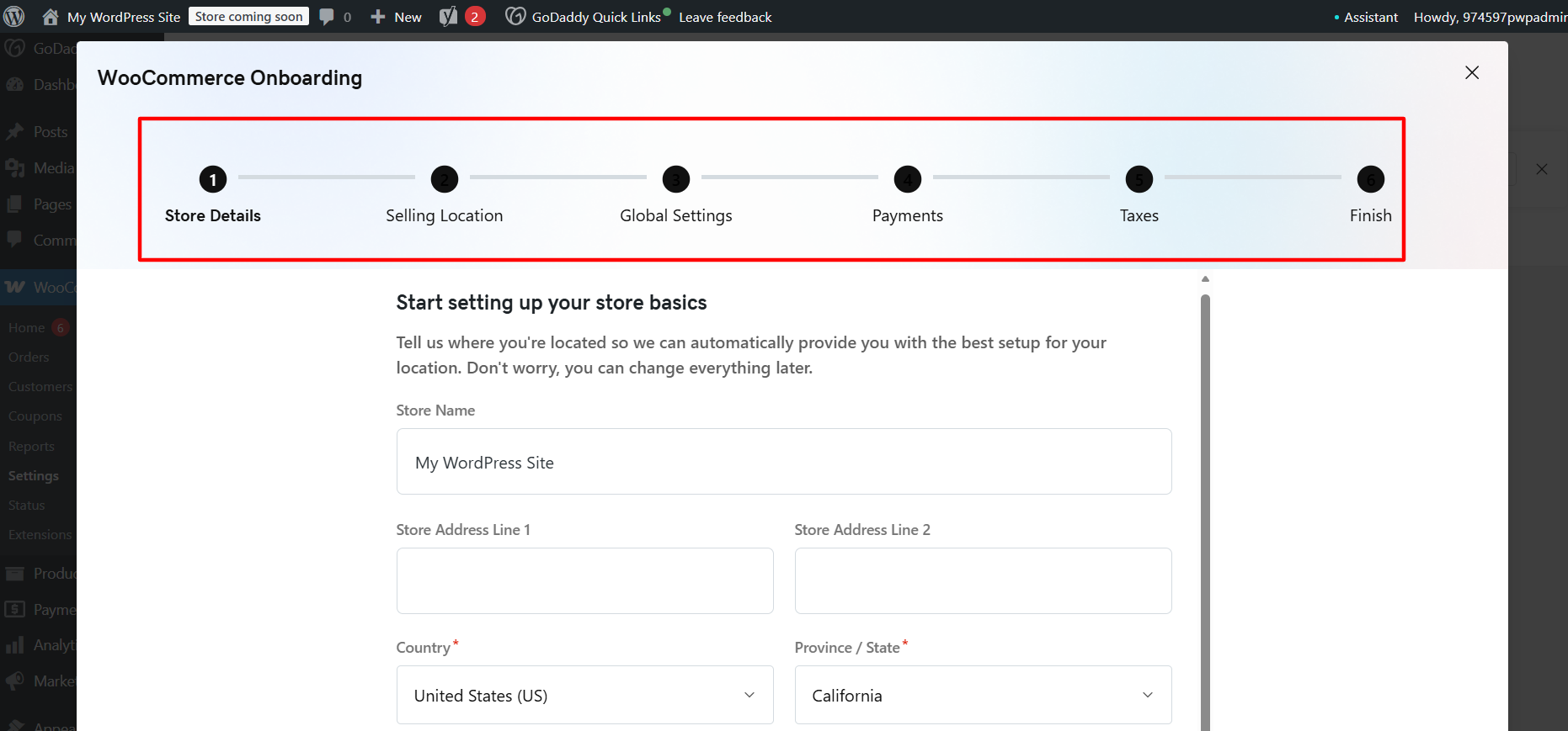screenshot of WooCommerce Onboarding page 