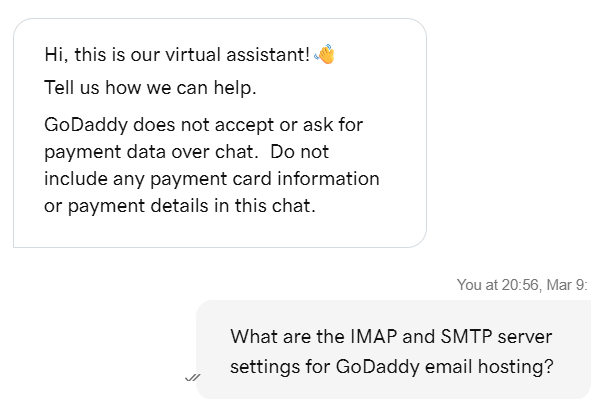 screenshot of GoDaddy Live chat conversation