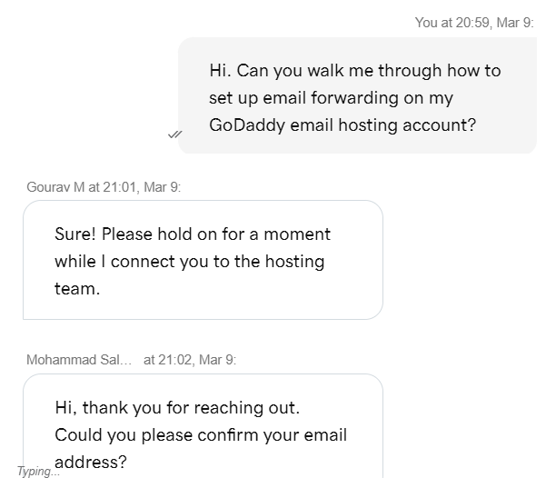 screenshot of GoDaddy Live chat conversation