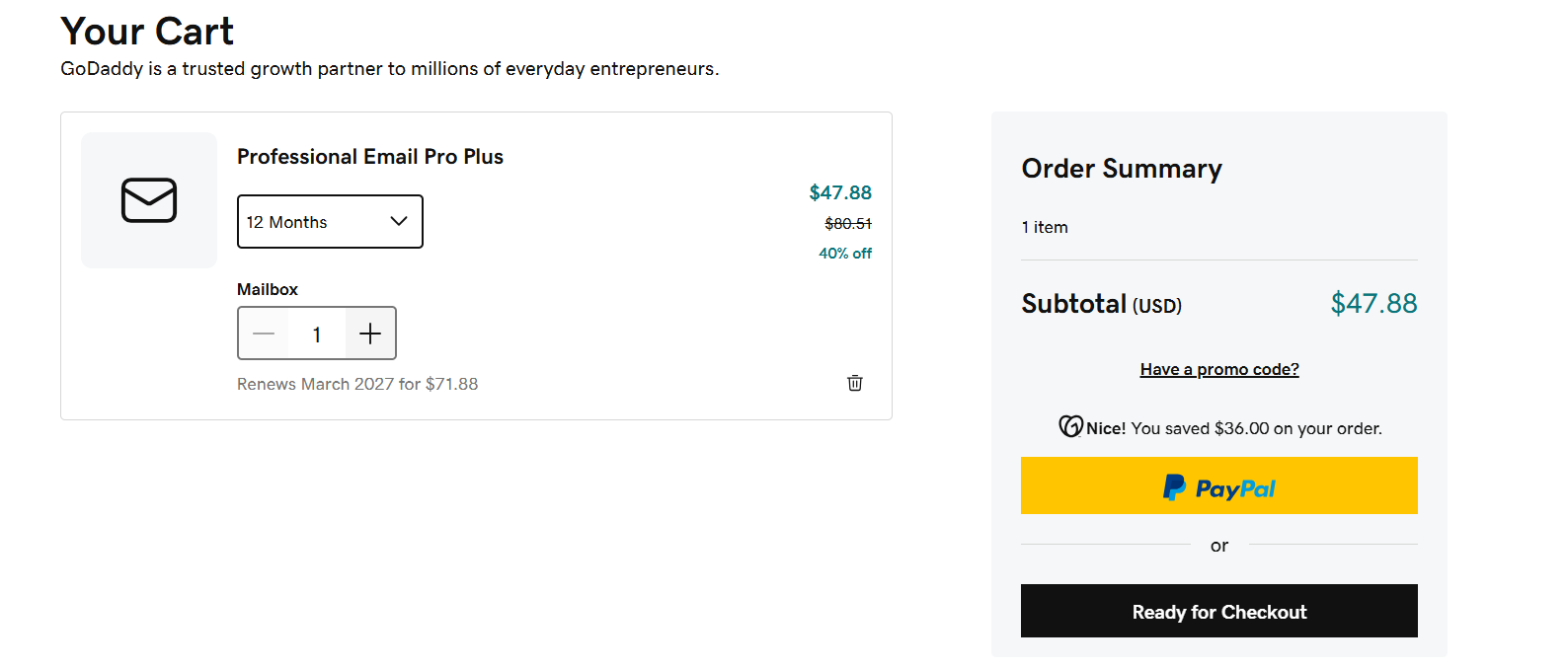 screenshot of GoDaddy cart